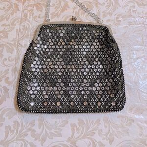 Evening Bag Handbag Black Flower Studded Chain Strap Kiss Lock made in Hong Kong